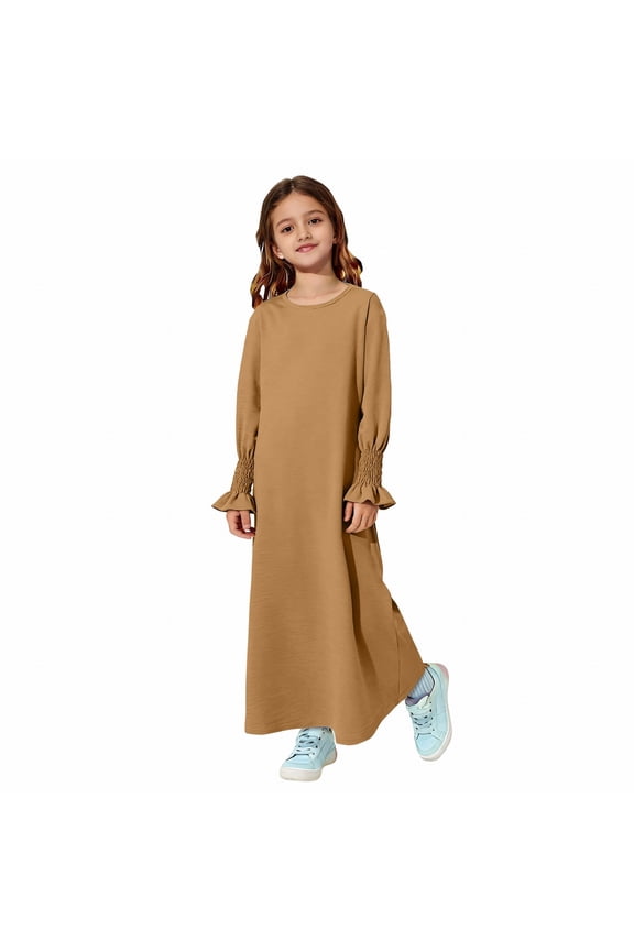 Girls Abaya Dress Crewneck Maxi Prayer Kaftan Ramadan Mosqu𝖾 Wear Comfortable Modest Robe Everyday Long Sleeve Islami𝖼 Clothing Hijab Chiffon 𝖣ubai Dress