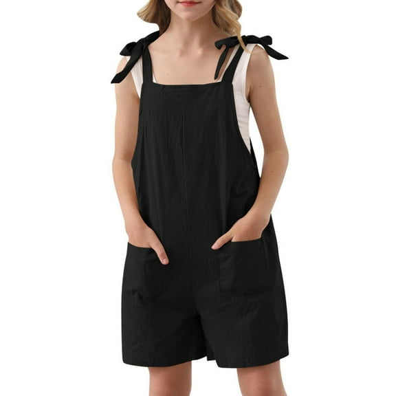 XXWXYD Girls Adjustable Lace Jumpsuit Sleeveless Shoulder Strap Shorts with Pockets Spring Summer Autumn Casual Playwear Comfortable Lightweight Outfit