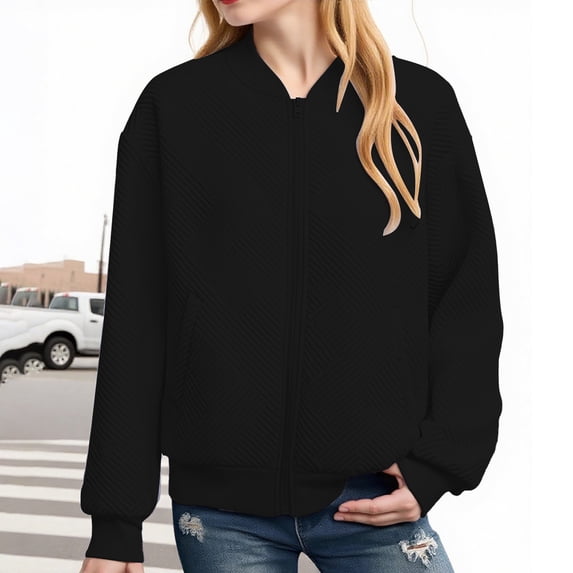 XXWXYD Girls Autumn Lightweight Jacket Textured Zipper Coat Stand Collar Windbreaker Outerwear for Teens Fall Fashion