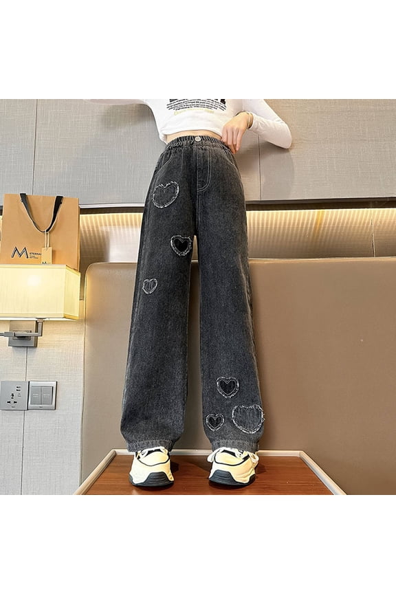 Girls Baggy Jeans with 𝖸𝟤𝖪 Heart Applique Elastic High Waist Wide Leg Loose Denim Pants Multiple Pockets for Teens 4-14 Years Casual Streetwear Denim Jeans