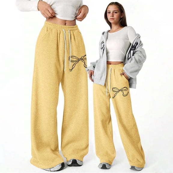 XXWXYD Girls Baggy Sweatpants Cute Bowknot Print Wide Leg Jogger Sweatpants Girls Joggers Pants Kids Elastic Waist Athletic Loung𝖾 Casual Trousers