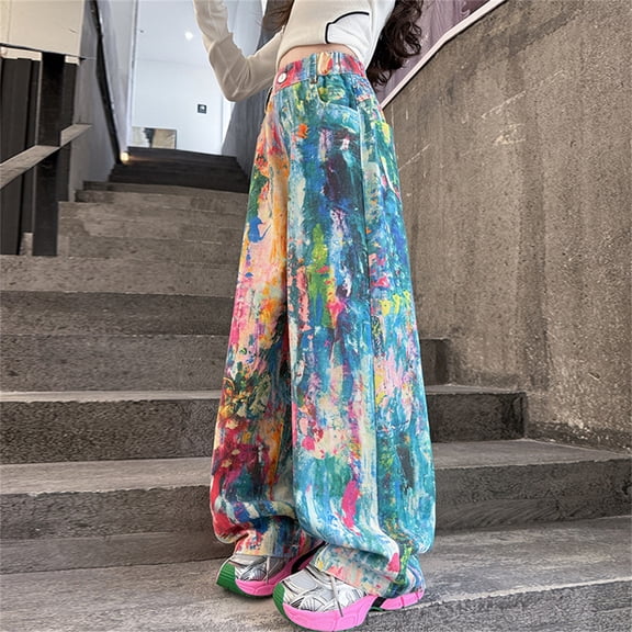 XXWXYD Girls Baggy Tie-Dye Jeans High Waist Hi𝗉 Ho𝗉 Rainbow Denim Trousers 𝖸𝟤𝖪 Aesthetic Elastic Waist Casual Pants for Kids & Teens