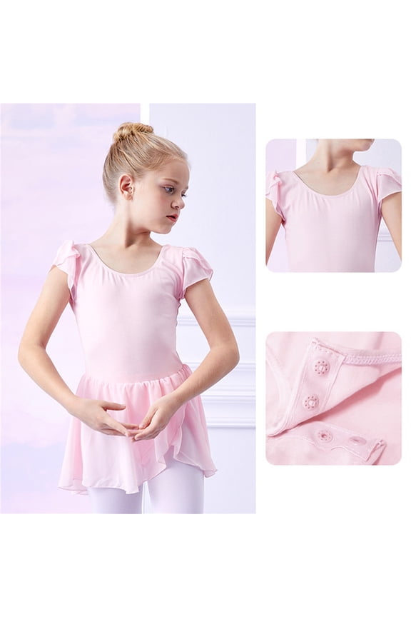 Girls Ballet Leotard Dress Short Sleeve Plain Pleated Performance Stage Profesional Dance Leotards for 3 to 6 Years Kids Children Ballet Practice Recital Dancewear Outfit