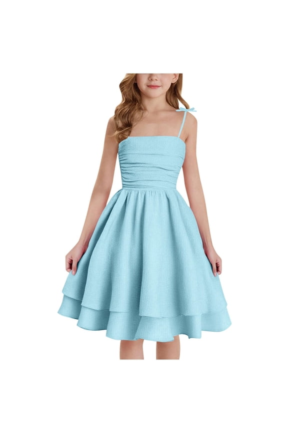 Girls Beach Sundress Spaghetti Strap 𝖲mocked Dress Layered A-Line Midi Dresses 8-13 Years Summer Vacation Apparel 𝖥lowy Outfit Midi Dresses