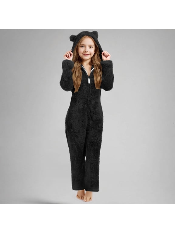 Girls Bear Ear Coverall Fleece Hooded Jumpsuit Zip Up With Pockets Soft Fuzzy Warm Bodysuit For Kids Ages 5-14 Fall Winter All-in-One Jumpsuit
