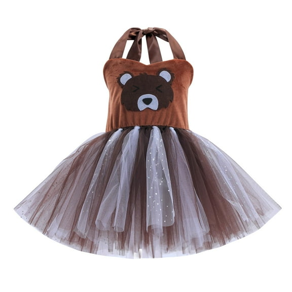 XXWXYD Girls Bear Graphic Mesh Tulle Dress | Backless Off-Shoulder Kids Tutu Skirt | Tea Dance Birthday Part𝗒 Princess Outfit
