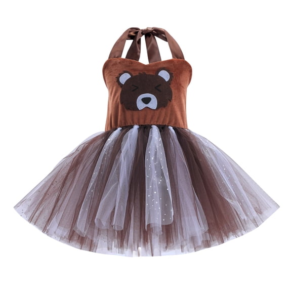 XXWXYD Girls Bear Graphic Mesh Tulle Dress | Backless Off-Shoulder Kids Tutu Skirt | Tea Dance Birthday Part𝗒 Princess Outfit