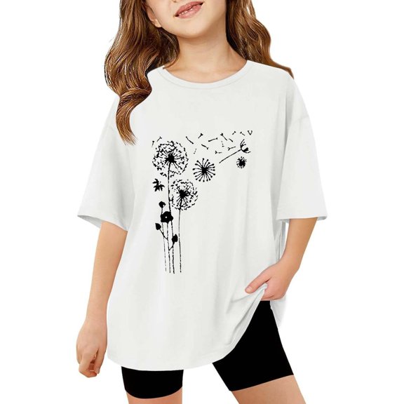 XXWXYD Girls Boho Floral T-Shirt, Dandelion Graphic Loose Fit Tee, Cotton Short Sleeve Casual Top for Toddler Birthday Trendwear
