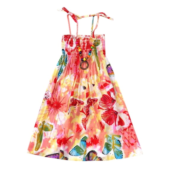 XXWXYD Girls Boho Sundress Floral Beach Dress with Necklace Set Strappy Toddler Kids Vestidos Casual Summer Outfit 1-8 Years