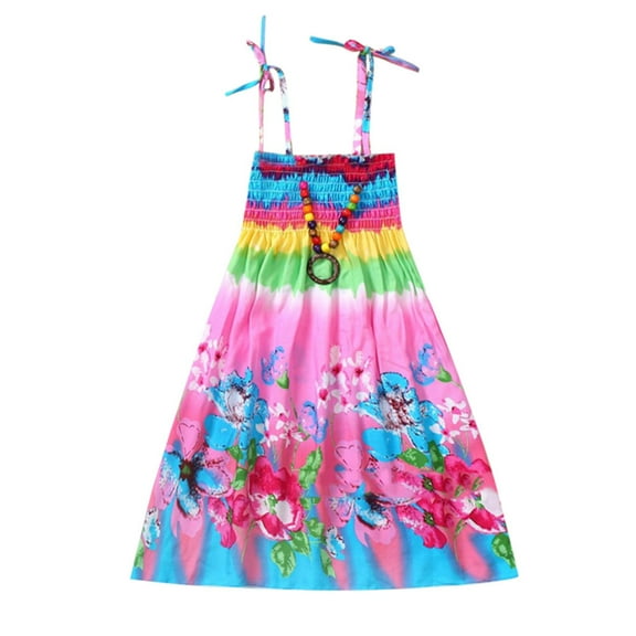 XXWXYD Girls Boho Sundress Floral Beach Dress with Necklace Set Strappy Toddler Kids Vestidos Casual Summer Outfit 1-8 Years