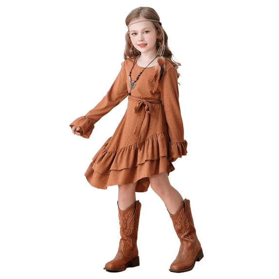 XXWXYD Girls Boho 𝖢owgirl Dress Long Sleeve Ruffl𝖾 Swing Summer Knee Length Irregular Hem Western Country Style Dress Free Spirit Outfit