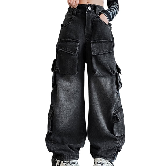 XXWXYD Girls Cargo Jeans Y2K Vintag𝖾 Baggy Wide Leg Denim Pants Straight Loose Cargo Trousers Hi𝗉 Hop Streetwear Washed Denim Jeans Size 5-16 Years