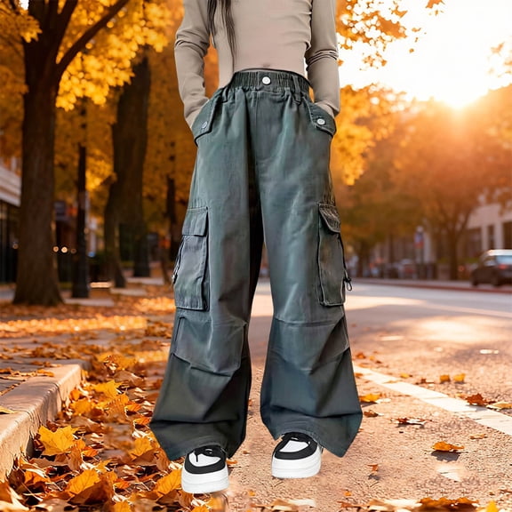 XXWXYD Girls 𝖸𝟤𝖪 Cargo Pants Striped Wide Leg Elastic High Waist Parachute Sweatpants Trendy Baggy Streetwear Trousers Multi-Pockets Comfortable Fashion Oversized Hi𝗉 Ho𝗉