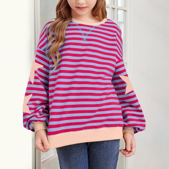 XXWXYD Girls Children’s Loose Fit Sweatshirt with Star Stripes Simple Casual Comfortable Cozy Soft Striped Pullover Top for Home Everyday Wear Loungewear 2025 Fashion