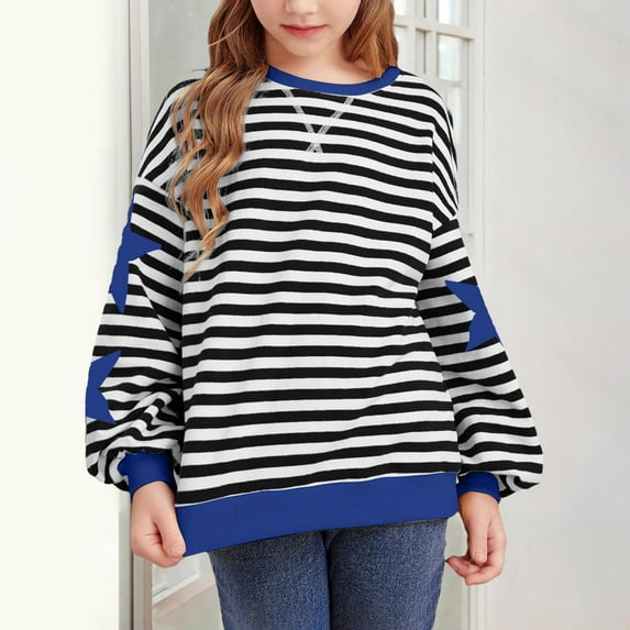 XXWXYD Girls Children’s Loose Fit Sweatshirt with Star Stripes Simple Casual Comfortable Cozy Soft Striped Pullover Top for Home Everyday Wear Loungewear 2025 Fashion