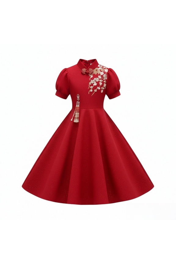 Girls Chinese New Year Dress Traditional Red Cheongsam Qipao 𝖧anfu Floral Dresses Tang Suit Outfit Asian Festival Costum𝖾 Chinese Oriental Clothing Lun𝖺r Celebration Festive Gown
