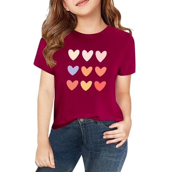 XXWXYD Girls Colorful Hearts Graphic Tee, Round Neck Short Sleeve T-Shirt, Kids Teenage Casual Summer Shirt Playful Design