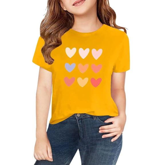 XXWXYD Girls Colorful Hearts Graphic Tee, Round Neck Short Sleeve T-Shirt, Kids Teenage Casual Summer Shirt Playful Design