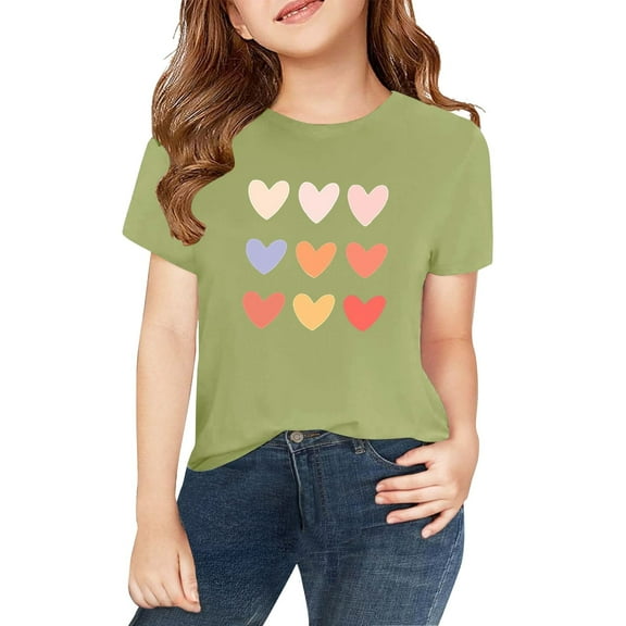 XXWXYD Girls Colorful Hearts Graphic Tee, Round Neck Short Sleeve T-Shirt, Kids Teenage Casual Summer Shirt Playful Design