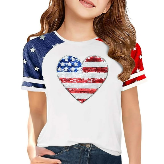 XXWXYD Girls Crewneck Patriotic Tee, Preppy Independence Day Comfort Fit Top, Quick-Dry Casual T-Shirt for Kids Holiday Wear