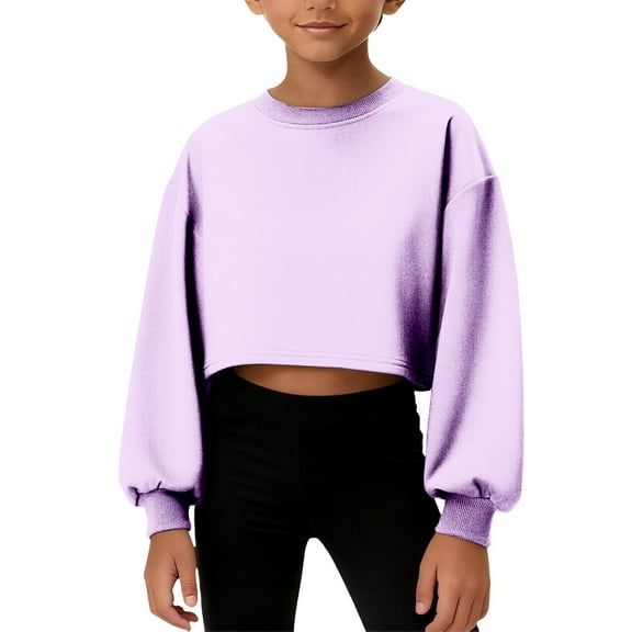 XXWXYD Girls Crop Sweatshirt Casual Crew Neck Raw Hem Long Sleeve Loose Fitting Comfy Cotton Basic Top
