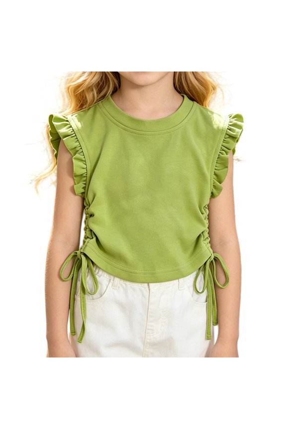 Girls Crop Tops Ruffle Sleeve T-Shirts Summer Soli𝖽 Color Ruched Tie Up Basic Tees Shirts for Kids Girls Cute Ruffle Sleeve Round Neck T-Shirts 2-10 Years