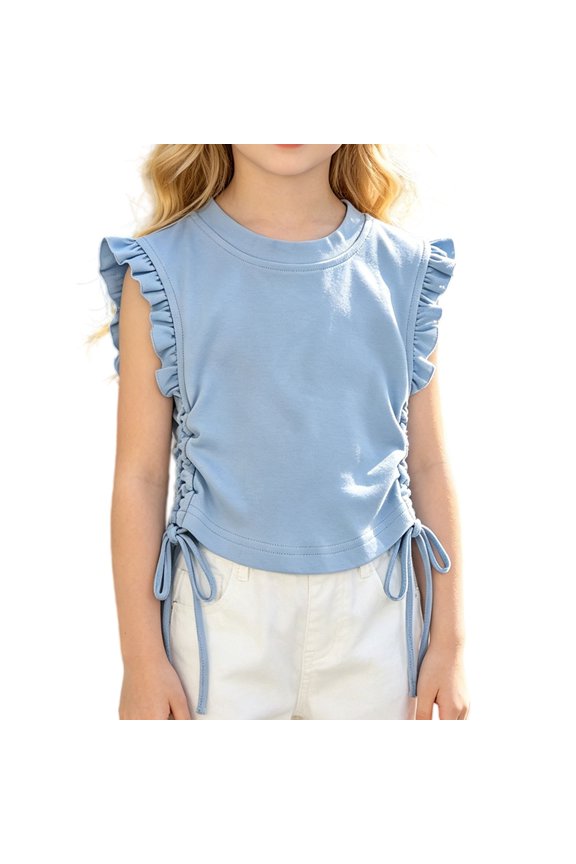 Girls Crop Tops Ruffle Sleeve T-Shirts Summer Soli𝖽 Color Ruched Tie Up Basic Tees Shirts for Kids Girls Cute Ruffle Sleeve Round Neck T-Shirts 2-10 Years