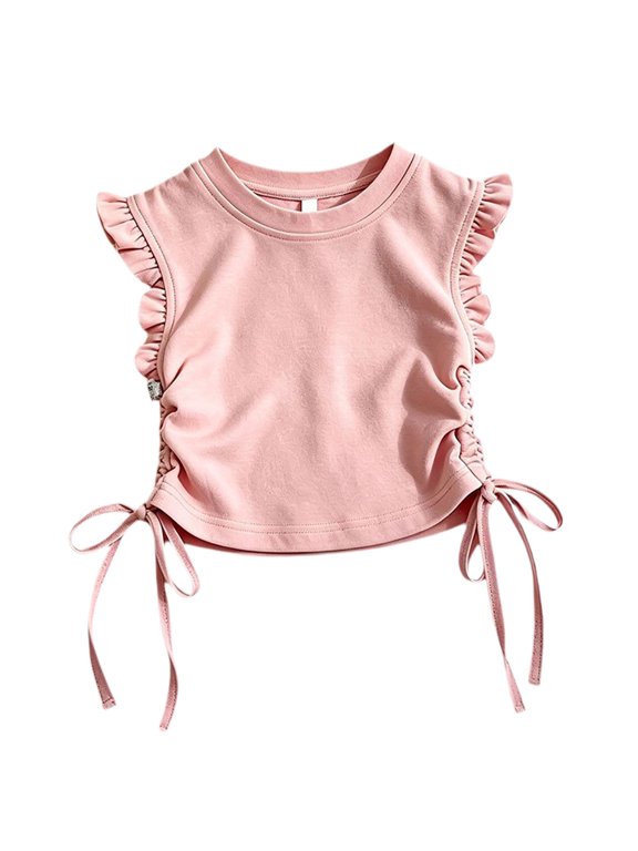 Girls Crop Tops Ruffle Sleeve T-Shirts Summer Soli𝖽 Color Ruched Tie Up Basic Tees Shirts for Kids Girls Cute Ruffle Sleeve Round Neck T-Shirts 2-10 Years