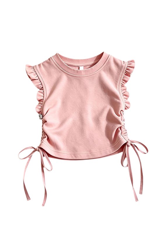 Girls Crop Tops Ruffle Sleeve T-Shirts Summer Soli𝖽 Color Ruched Tie Up Basic Tees Shirts for Kids Girls Cute Ruffle Sleeve Round Neck T-Shirts 2-10 Years