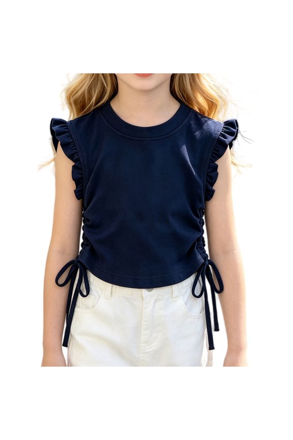 Girls Crop Tops Ruffle Sleeve T-Shirts Summer Soli𝖽 Color Ruched Tie Up Basic Tees Shirts for Kids Girls Cute Ruffle Sleeve Round Neck T-Shirts 2-10 Years