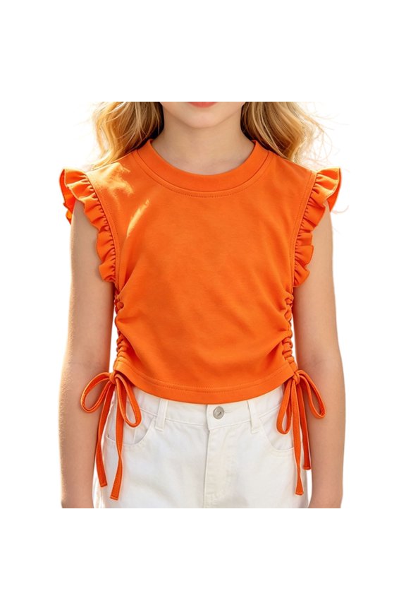 Girls Crop Tops Ruffle Sleeve T-Shirts Summer Soli𝖽 Color Ruched Tie Up Basic Tees Shirts for Kids Girls Cute Ruffle Sleeve Round Neck T-Shirts 2-10 Years