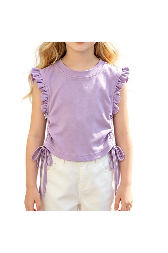 Girls Crop Tops Ruffle Sleeve T-Shirts Summer Soli𝖽 Color Ruched Tie Up Basic Tees Shirts for Kids Girls Cute Ruffle Sleeve Round Neck T-Shirts 2-10 Years