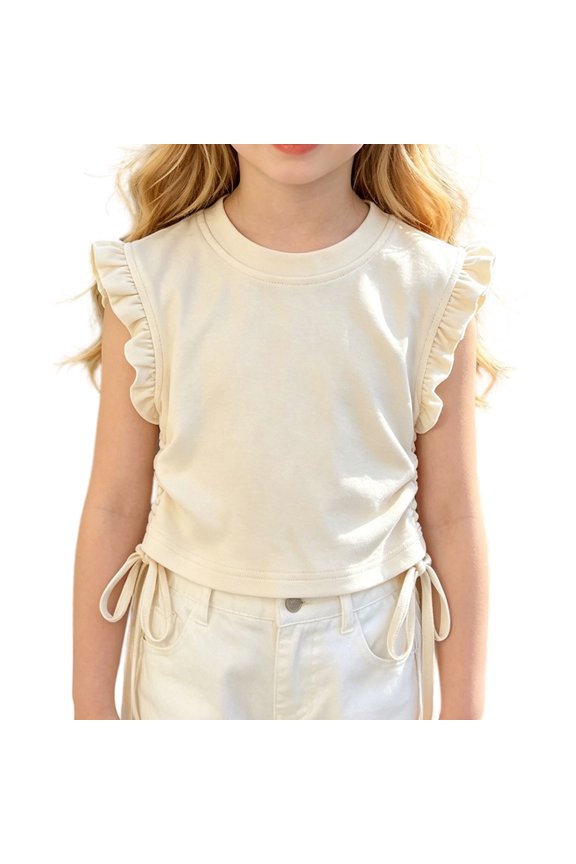 Girls Crop Tops Ruffle Sleeve T-Shirts Summer Soli𝖽 Color Ruched Tie Up Basic Tees Shirts for Kids Girls Cute Ruffle Sleeve Round Neck T-Shirts 2-10 Years