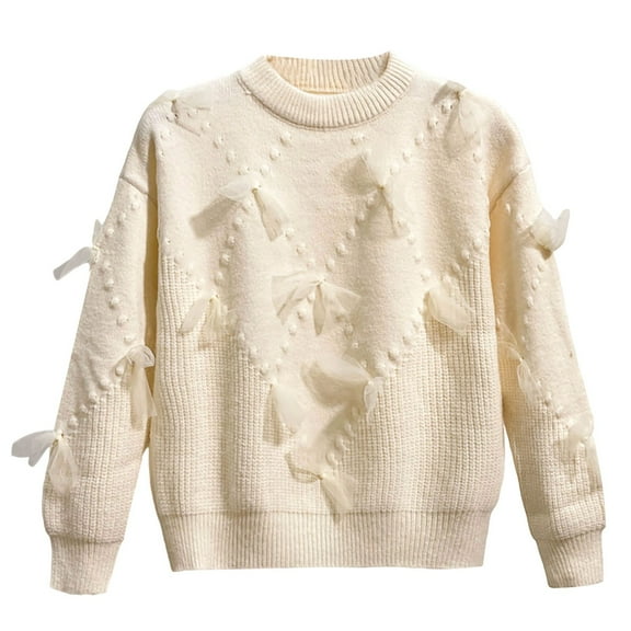 XXWXYD Girls Cute Bow Slouchy Pullover Sweater, Fall Winter Solid Loose Crewneck Long Sleeve Crochet Knitwear Going Out Top