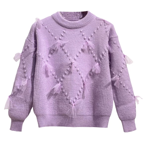 XXWXYD Girls Cute Bow Slouchy Pullover Sweater, Fall Winter Solid Loose Crewneck Long Sleeve Crochet Knitwear Going Out Top