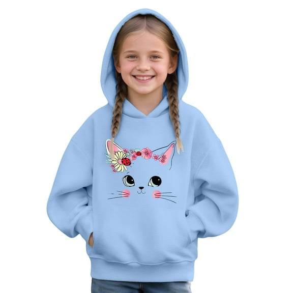 XXWXYD Girls Cute Cat Print Hooded Pullover Sweatshirt Long Sleeve Loose Fit Spring Autumn Casual Tops for 3-12 Years Cozy Trendy