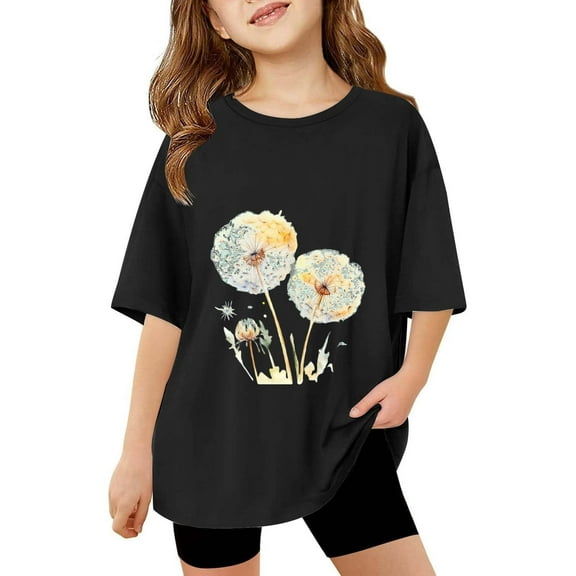 XXWXYD Girls Dandelion Floral Graphic T-Shirt, Boho Style Crew Neck Short Sleeve, Summer Holiday Cute Casual Tee Tops