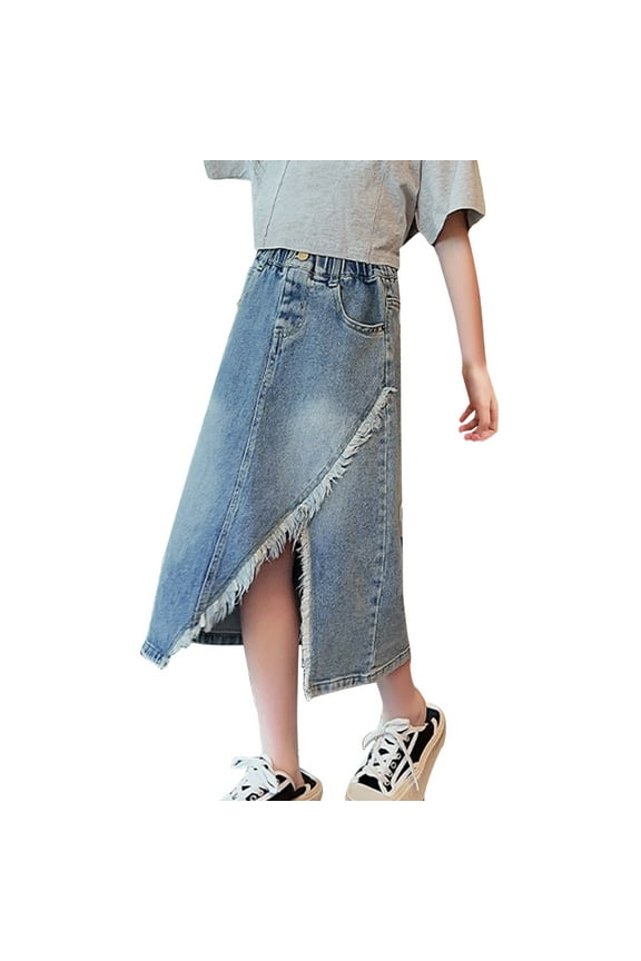 Girls Denim Midi Skirt High Waisted Stretch Jean Skort with Raw Hem Side Slit Pockets Summer Beach Casual Outfit