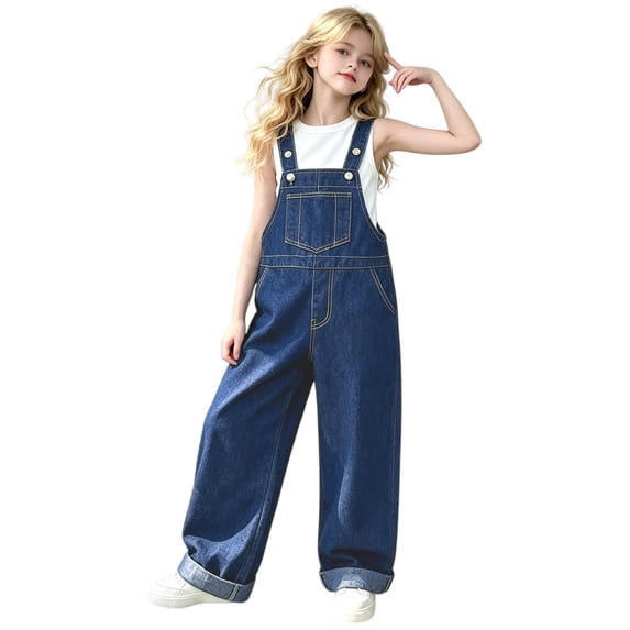 XXWXYD Girls Denim Overalls, Kids Baggy Wide Leg Suspender Jumpsuit with Adjustable Straps and Pockets for Casual Fall School Play Daily Outfit Wear