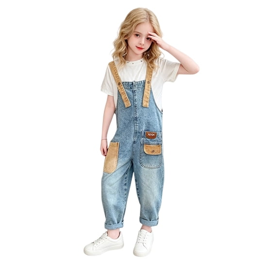 XXWXYD Girls Denim Overalls, Kids Baggy Wide Leg Suspender Jumpsuit with Adjustable Straps and Pockets for Casual Fall School Play Daily Outfit Wear