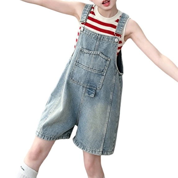 XXWXYD Girls Denim Overalls Shorts Summer Casual Baggy Jean Jumpsuit with Pockets Adjustable Strap Straight Fashion Jeans Kids Girls Jean Shortalls for Back-to-School