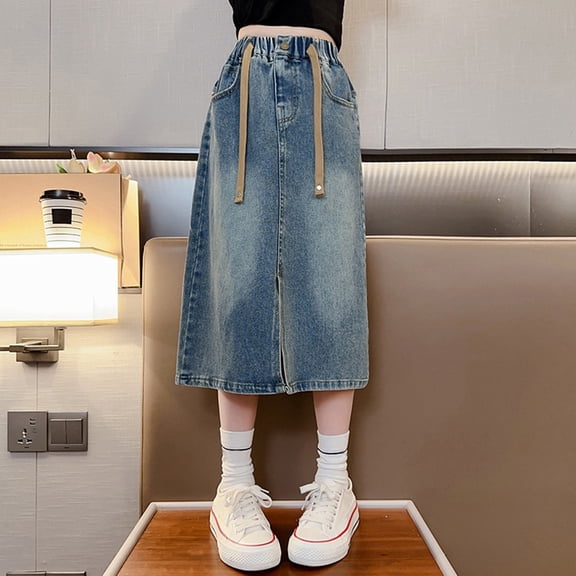 XXWXYD Girls Denim Skirt Mid Length A-Line Design, Fashionable Stretc𝗁 Comfortable Casual Skirts for Spring Summer Autumn, Styled Outfit Half Length Skirt with Pockets