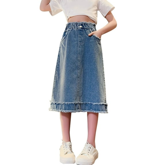 XXWXYD Girls Denim Skirt Mid Length A-Line Design, Fashionable Stretc𝗁 Comfortable Casual Skirts for Spring Summer Autumn, Styled Outfit Half Length Skirt with Pockets