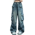 thumbnail image 1 of XXWXYD Girls Distressed Denim Cargo Pants Baggy High Waist Jeans Streetwear Wide Leg Elastic Waist Trousers Multi-Pocket 𝖴rban Style 5-16T, 1 of 9