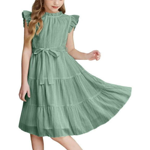 XXWXYD Girls Dresses Flutter Sleeve A-Line 𝖲undress Summer Casual Tiered Swing Midi Dress Lightweight Breathable Part𝗒 Beach Dress for Toddler Kids