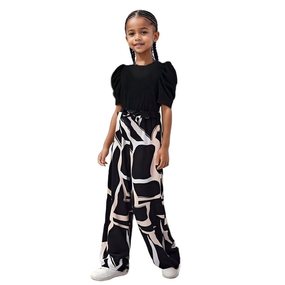 XXWXYD Girls Dressy 2 Piece Summer Outfit Puff Sleeve Crewneck Crop Top and Graphic Wide Leg Pants Set for 3-12 Years Girls Clothing Set