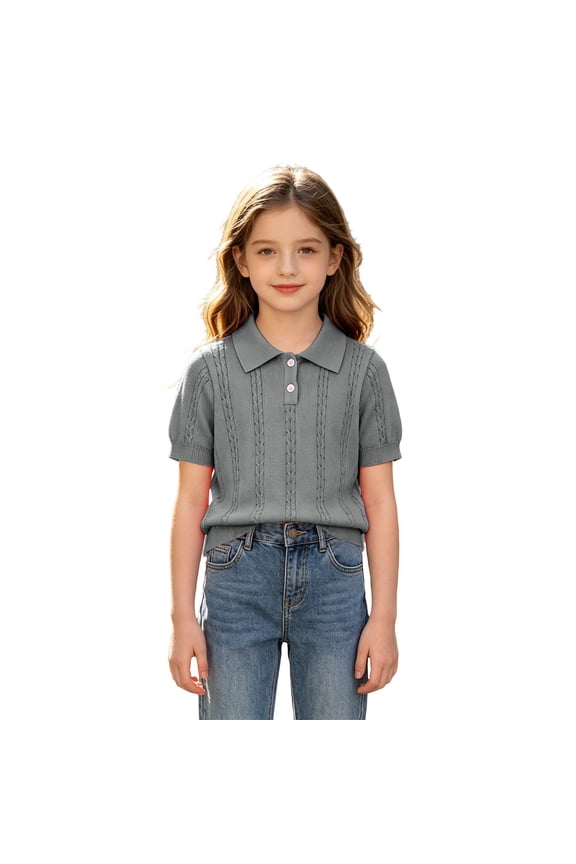 Girls Embroidered Knitted Lapel Shirts, Cute Bowknot Short Sleeve Loose Pullover Tee Tops for 2-15 Years Children’S Cable Knit Shirts