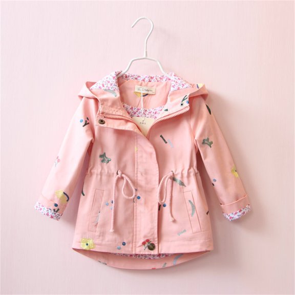 XXWXYD Girls Embroidered Trench Coat Lightweight Windbreaker Hooded Jacket Water-Resistant Outerwear Printed Design