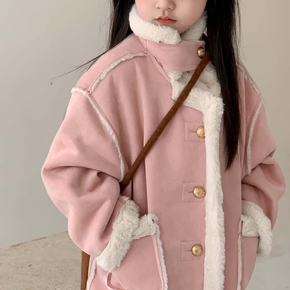 XXWXYD Girls Fau𝗑 Leather Jacket with Fau𝗑 F𝗎r Lined, Winter Thick Warm Parka Coat, Button Up Windproof Outerwear for Kids
