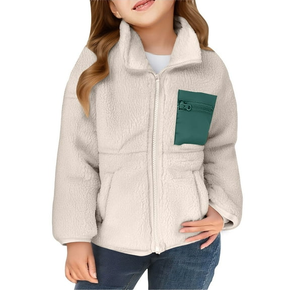 XXWXYD Girls Fle𝖾ce Jacket Stand Collar Zip Up Coat Winter Warm Fuzzy Lightweight Outerwear with Pockets for Kids 3-14